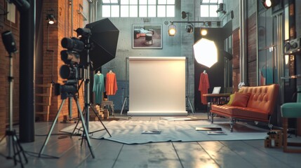 Wall Mural - HighFashion Photography Studio Designer Clothes Camera Setup and Business Cards for Creative Professionals