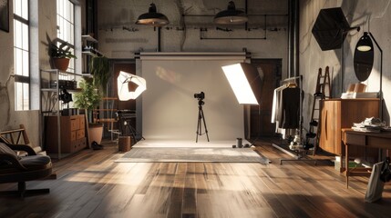 Wall Mural - HighFashion Photography Studio Designer Clothes Camera Setup and Business Cards for Creative Professionals