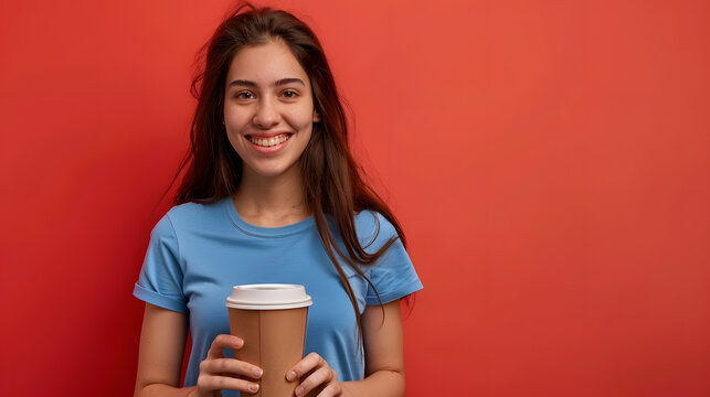 Full body young happy woman she wear blue t-shirt casual clothes hold takeaway delivery craft paper brown cup coffee to go isolated on plain red orange background studio portrait. Lifestyle concept.