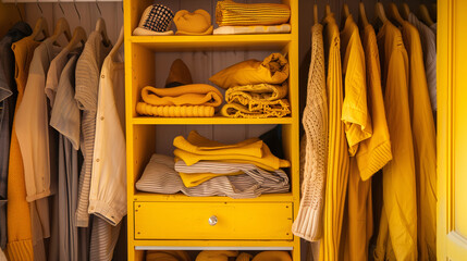 Wall Mural - Closeup of an opened wardrobe with full of clothes in yellow color tone and cozy style.