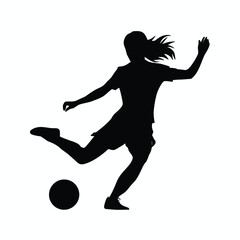 Women soccer player vector silhouettes on white background isolated. Silhouette of a woman kicking soccer ball, vector illustration