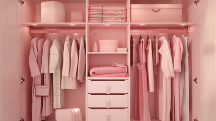 Wall Mural - Front view of an opened wardrobe with full of clothes in pink color tone and cozy style.