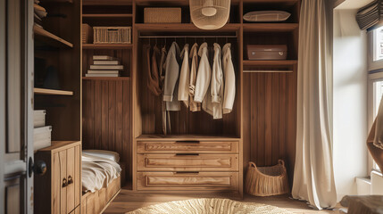 Wall Mural - Front view of an opened wardrobe with full of clothes in brown color tone and cozy style.