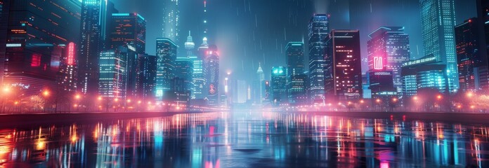 Wall Mural - Neon Lights Reflecting on Water in a Futuristic City at Night