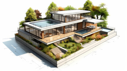 3d sketch design of a luxury modern house with a cubic structure, floor-to-ceiling windows, large pa