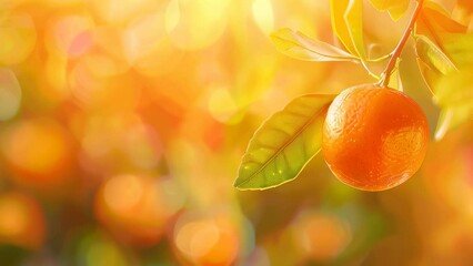 Ripe orange fruit and leaves against warm glowing background