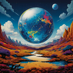  A sphere, shaped like a parched earth, hangs suspended. Its lower section morphs into water, a single droplet defying physics as it falls. The sky above explodes with vivid blue, dotted with fluffy w