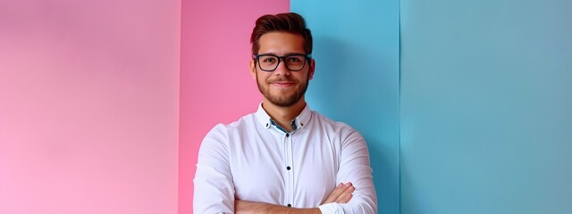 Wall Mural - Confident Young Businessman Portrait on Colorful Background Smiling Professional in Suit Posing for Corporate Headshot Image