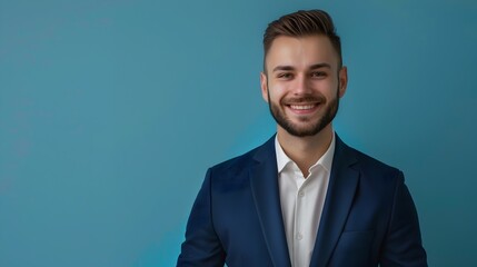 Wall Mural - Confident Young Chief People Officer Smiling Happily in Formal Business Attire on Solid Color Background