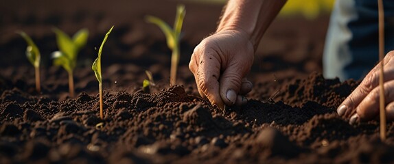 Hands of farmer showing black soil in agricultural field. Farmer holding in hands fresh fertile soil before sowing