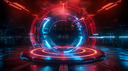 stage assortment of sci fi high technology with red and blue glowing hud futuristic hologram portal 