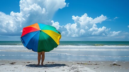 Poster - Colorful beach umbrella on white sand beach with blue ocean and white clouds in the background.