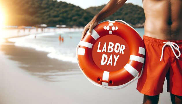 Labor Day person in a lifebuoy on the beach