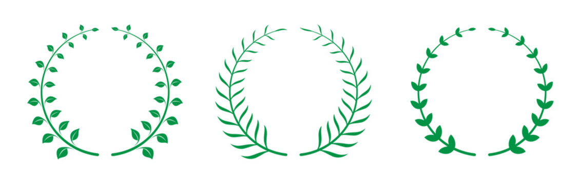 Leaf circle template design for logo set of three in green color. Winner chaplet. Laurel wreath silhouette icon set. Vintage olive leaves emblem. Circle tree branch success symbol. Vector illustration