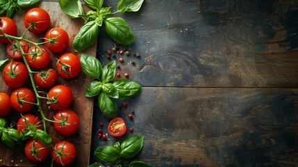 Wall Mural - Fresh Vine Ripe Tomatoes With Basil and Peppercorns on Rustic Wooden Background