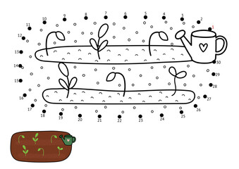 Sticker - Dot to dot game for kids. Connect the dots and draw a garden bed with plants and watering can. Farm puzzle activity page. Vector illustration