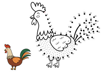 Canvas Print - Dot to dot game for kids. Connect the dots and draw a cute rooster. Farm animal puzzle activity page with a funny chicken. Vector illustration