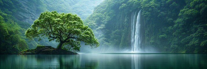 Sticker - a fantastic waterfall in impressive green exotic nature with lake and mountains
