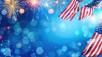 Wall Mural - A fireworks display with the American flag waving on a solid blue background.