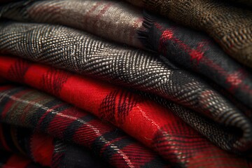 Wall Mural - A stack of plaid and red and black blankets. The blankets are piled on top of each other