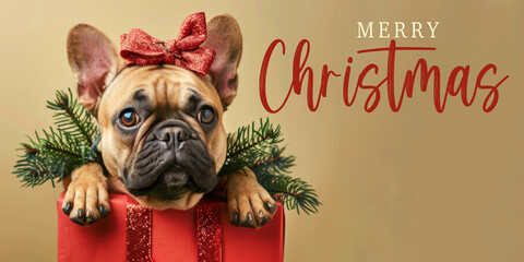 Wall Mural - Merry Christmas concept holiday vacation winter background greeting card with text - French bulldog dog and ribbon with red gift box, isolated on beige background