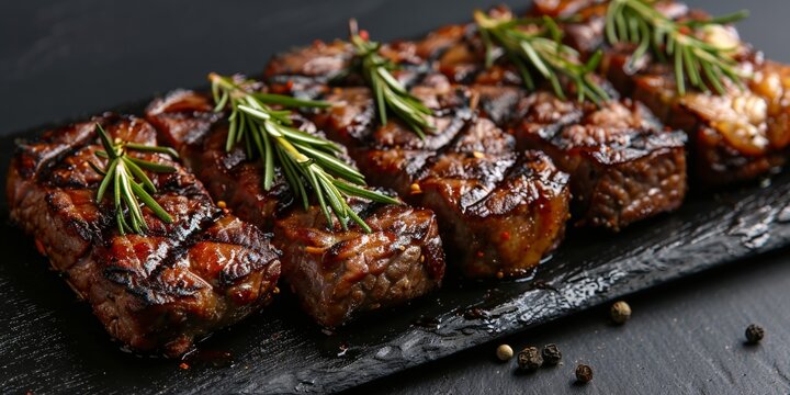 A succulent slice of grilled steak seasoned with rosemary and spices, perfect for lunch or dinner.