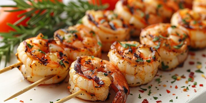 A restaurant lunch featuring nutritious grilled seafood skewers with succulent prawns and aromatic herbs.