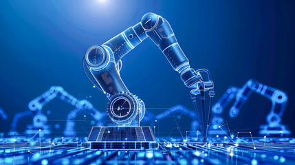 Wall Mural - Robotic arm on blue background. Artificial intelligence concept. 3D Rendering