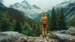 © Papukos - Woman traveler with backpack looking at amazing mountains and forest