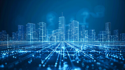 Wall Mural - Abstract digital city with glowing lights on blue background, 3D rendering