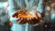 © Phanuwhat - Modern Art Surrealism of A close-up of a businessperson's hand holding a glowing, digital statistical graph, representing the power of data and technology in finance, Leading lines, centered in