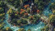 © AlexCaelus - Aerial view of a serene fantasy village nestled among lush greenery and flowing rivers, showcasing beautiful architecture and natural scenery.