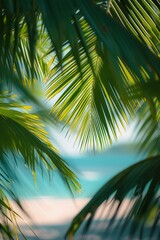 Wall Mural - Abstract green blurred background of palm leaves
