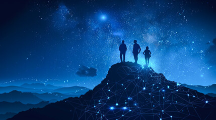 Wall Mural - silhouette of a man and a woman standing on top of a mountain and looking at the starry sky