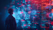 © Graphic Dude - Back view of young hacker using digital code interface. Hacking and malware concept. Double exposure