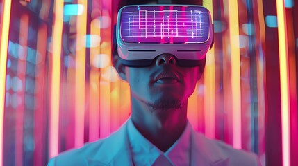 Wall Mural - fashion editorial of A businessman wearing a VR headset, looking intensely at a screen showcasing a futuristic 3D statistical graph, a digital cityscape reflecting in his eyes., Leading lines,