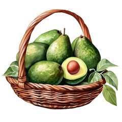 Wall Mural - Wicker Basket Filled with Fresh Green Avocados and Leaves