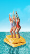 © master1305 - Three women in colorful swimsuit and caps standing on waffle and diving into sea. Contemporary art collage. Concept of summer, vacation, relaxation, fashion. Retro style. Creative design.