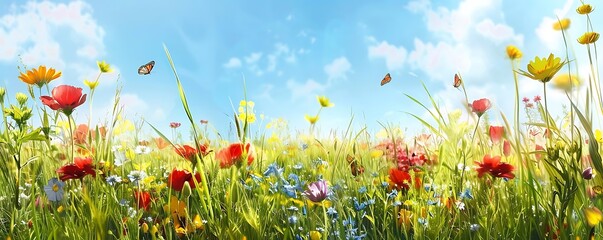 Wall Mural - a colorful field of flowers under a blue sky with white clouds, featuring red, yellow, orange, and purple blooms, as well as a black butterfly
