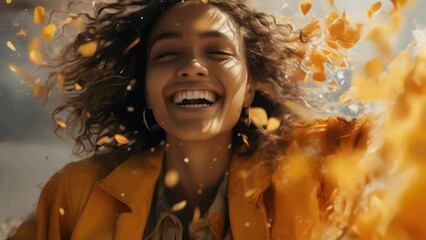 Wall Mural - A young woman wearing a yellow jacket and having curly hair, standing or sitting, possibly outdoors.