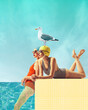© master1305 - Two beautiful women in vintage swimsuits cap and sunglasses enjoying sea view with seagull. Contemporary art collage. Concept of summer, vacation, relaxation, fashion. Retro style. Creative design.