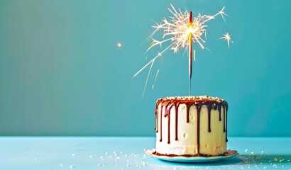 Canvas Print - Festive cake with dripping chocolate icing and sparkler on top. Ideal for celebrations and birthdays. Simple and stylish design against a blue background. AI