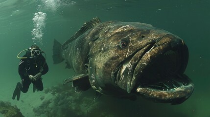 Wall Mural - Giant monstrous abysmal fish with open mouth and by a diver