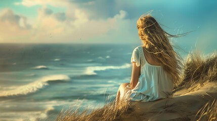 Wall Mural - Lost in the moment, a woman sits on a windswept dune, gazing out at the endless expanse of the ocean.