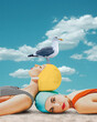 © master1305 - Beautiful young girls in swimming cap and swimsuits lying on beach with seagull against blue sky background. Contemporary art. Concept of summer, vacation, relaxation. Retro style. Creative design.