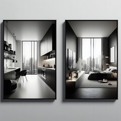 Wall Mural - A two pictures of A bed in bedroom have mockup poster empty white and A bed in bedroom have mockup poster empty white creative Vibrant creative informative.