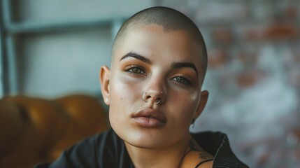 Wall Mural - Close-up portrait of a confident young woman with a shaved head and a nose ring.