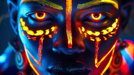 Close-up of a person with vibrant neon face paint glowing under UV light, creating a striking and colorful visual effect.