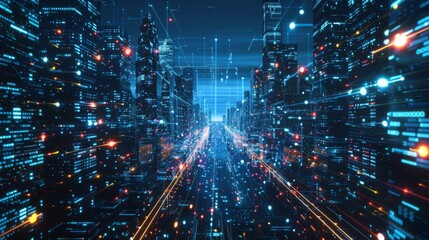 Aufkleber - 3D dark city of cyberspace metaverse digital landscape of futuristic background concept. 3d illustration rendering