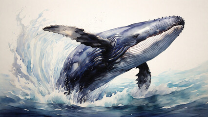 Watercolor painting: A magnificent humpback whale breaching the ocean surface, its colossal body creating an awe-inspiring splash,